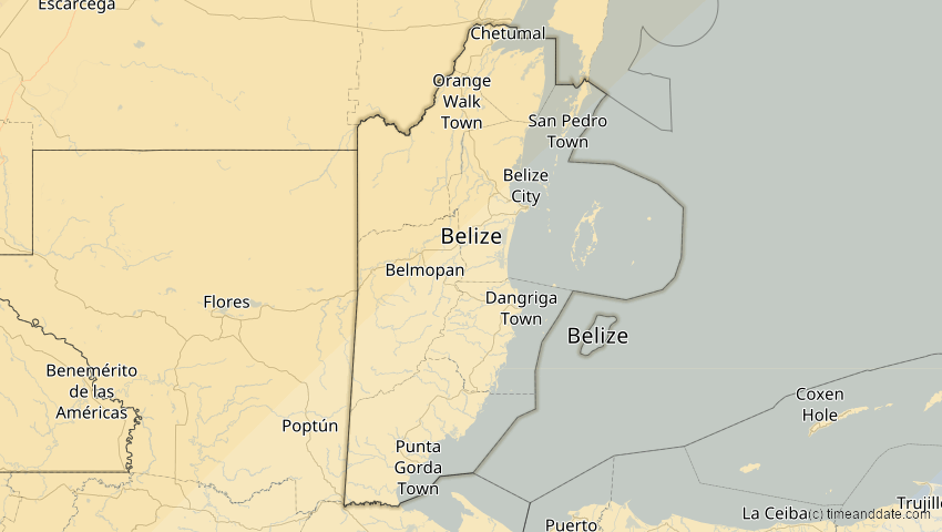 A map of Belize, showing the path of the 8 Apr 2024 Total Solar Eclipse