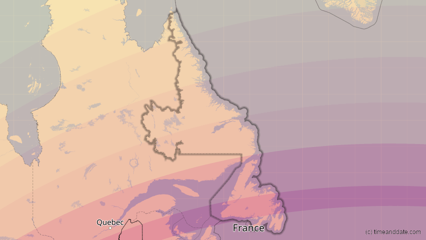 A map of Newfoundland and Labrador, Canada, showing the path of the 8 Apr 2024 Total Solar Eclipse