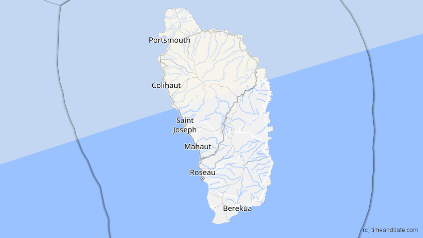 A map of Dominica, showing the path of the 8 Apr 2024 Total Solar Eclipse