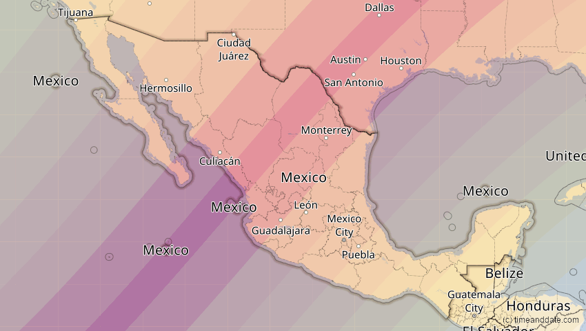 A map of Mexico, showing the path of the 8 Apr 2024 Total Solar Eclipse