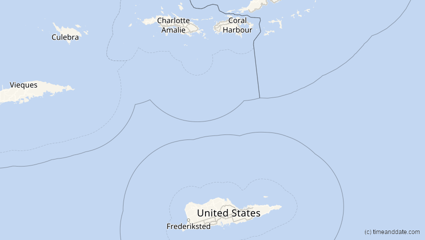 A map of US Virgin Islands, showing the path of the 8 Apr 2024 Total Solar Eclipse